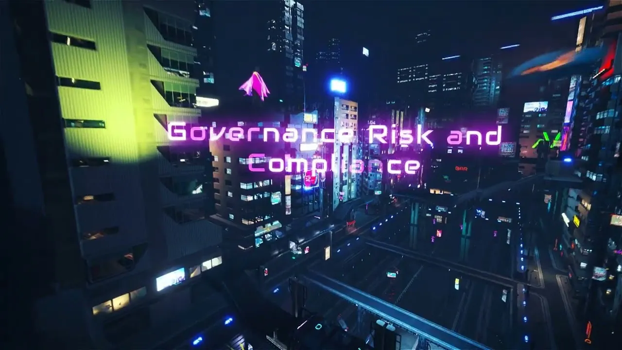 CISO Thursday video thumbnail: neon cityscape with the words Governance Risk and Compliance